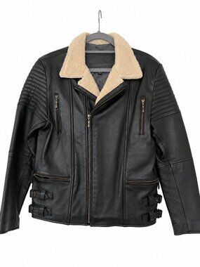 Michel Domit Black Sheepskin Leather Moto Jacket Shearling Collar Size S